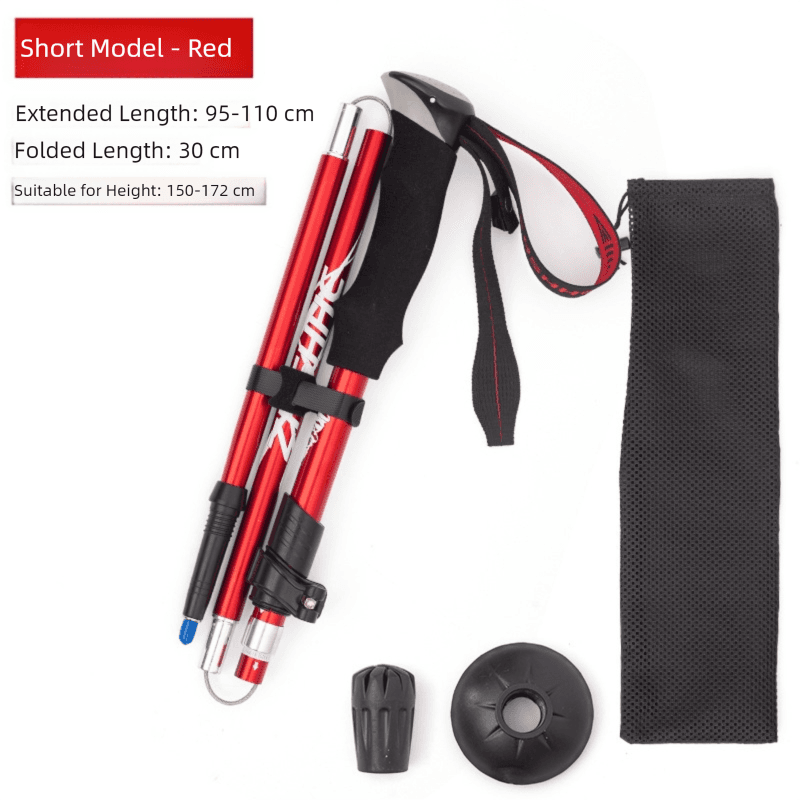 Short Red Ultralight Foldable Hiking Pole - Adjustable Aluminium Trekking