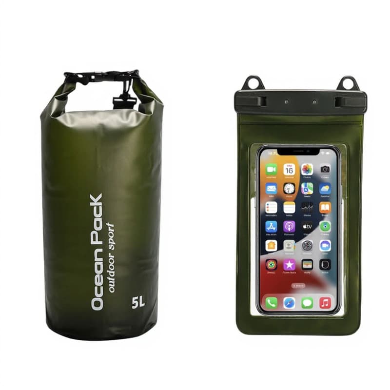 Dark Green 5L PVC Waterproof Swimming Bag Bonus with Waterproof Phone Pouch