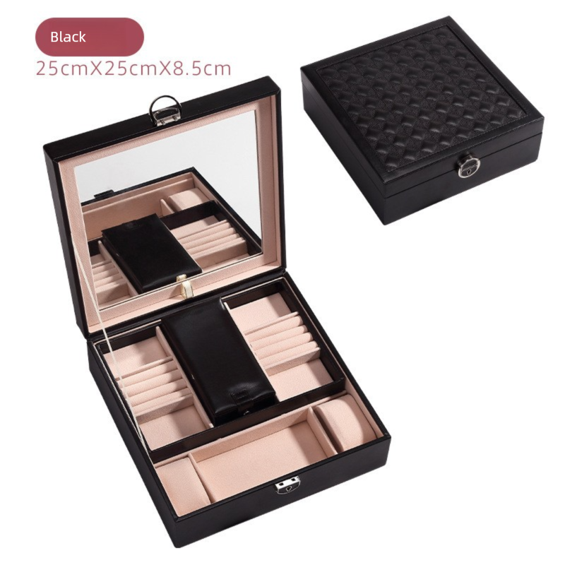 Black Large PU Leather Jewelry Box with Mirror & Lock - Velvet Lined