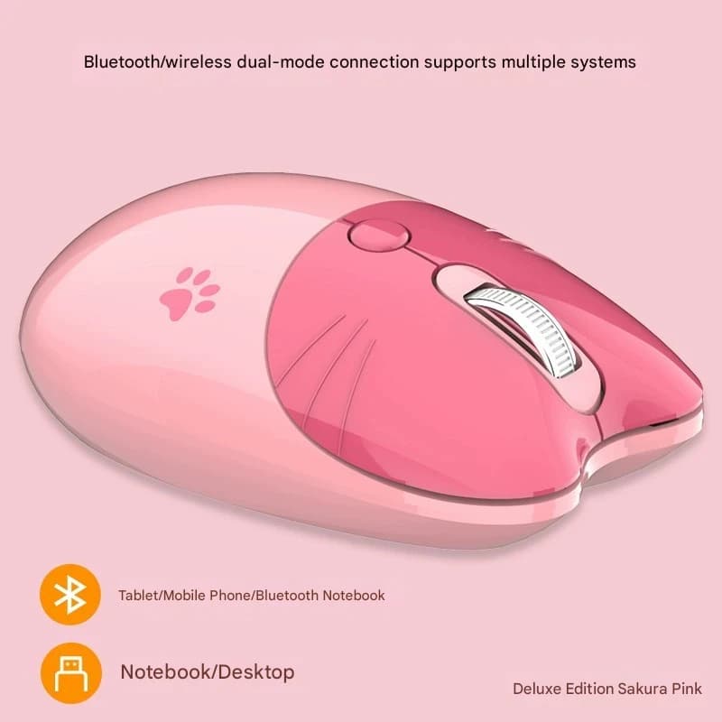 Cat Shaped Wireless Office Mouse - Dual Mode 2.4G/Bluetooth, 3-Level - Pink