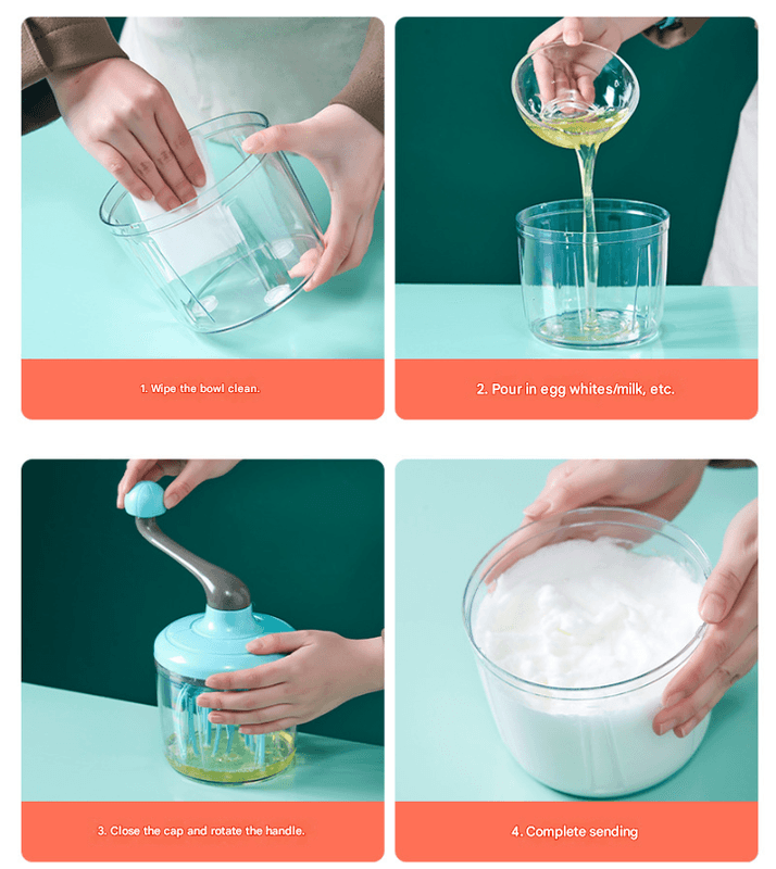 Blue Manual Hand-Crank Rotary Egg Beater and Cream Whisk - Large Capacity