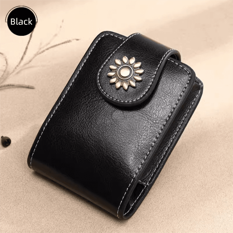 Black Compact PU Leather Flap-Top Lip Gloss Organizer with Built-in Mirror