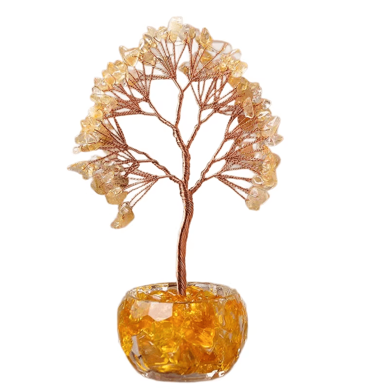 Yellow Natural Crystal Tree Ornament - Handmade Miniature Decorative Tree