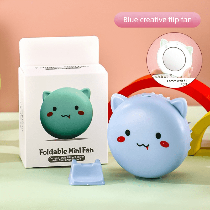 Blue 3-in-1 Mini Portable Fan with Makeup Mirror and LED Fill Light USB