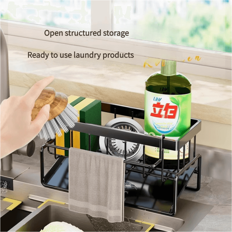 Kitchen Sink Caddy Organizer with Towel Bar & Drain Tray - Metal - Grey