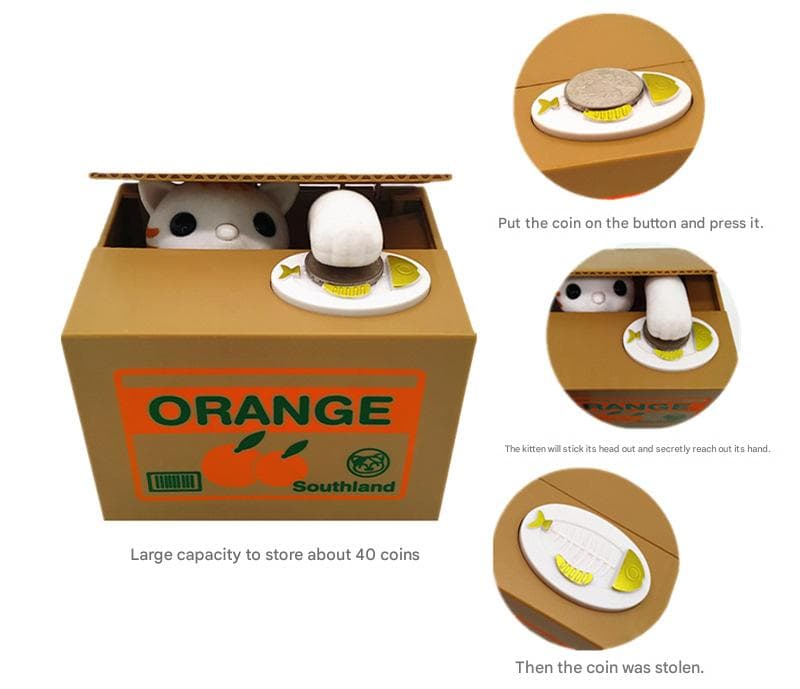Cat Stealing Coin Piggy Bank - Automatic Money Saving - Orange and white cat