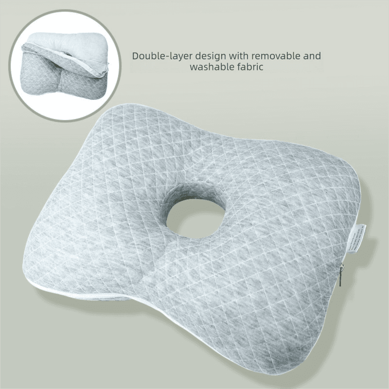 Grey Ergonomic Ear Pillow with Hole for Side Sleepers - Pressure Relief