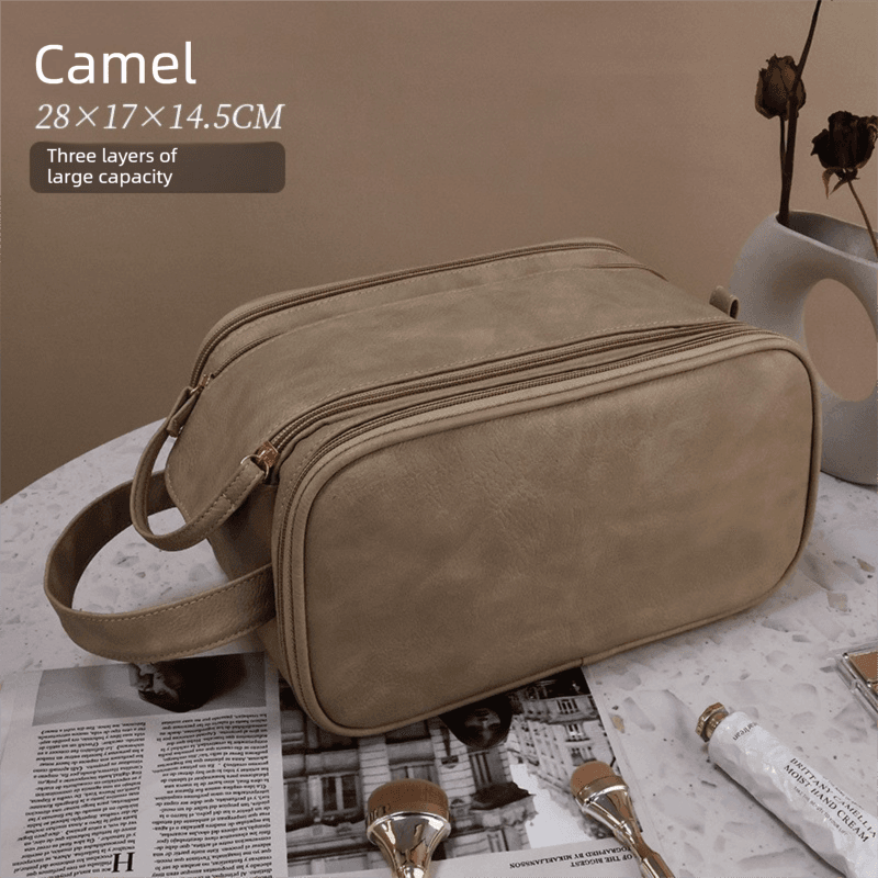 Camel Colour Large Capacity Makeup Bag - 3-Layer Double Zipper Travel