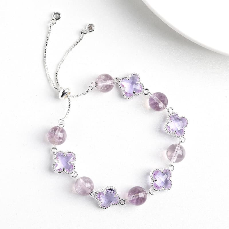 Natural Purple Crystal Four-Leaf Clover Bracelet - Adjustable Silver-Tone