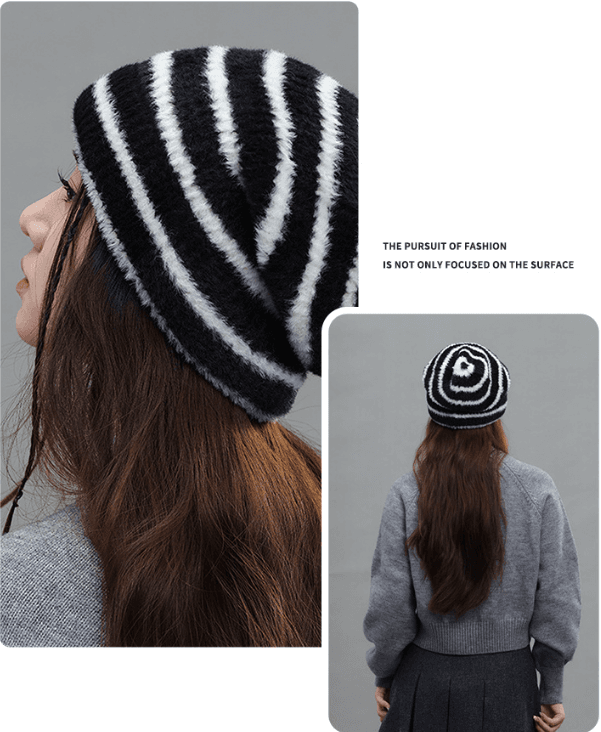 Trendy Dual-Tone Striped Beanie - Soft Plush Knit - Black and white