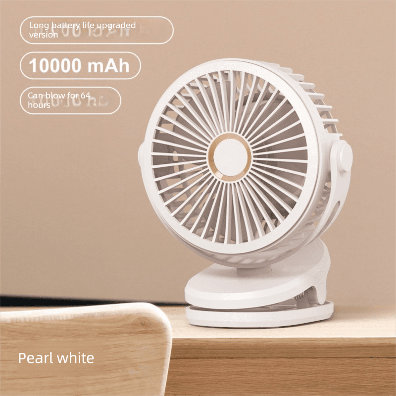 White 10000mAh Portable Clip on Fan with 720 Degree Rotation 4 Speeds