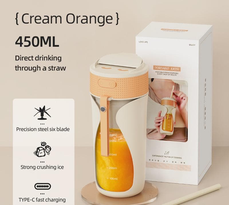 Portable Wireless Juicing Cup - 450 ml, 6-Blade Ice Crusher, USB-C - Orange