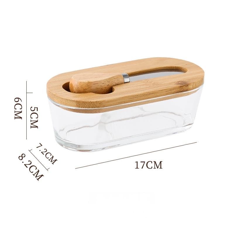 Natural wood color - flat Glass Butter Dish with Wooden Lid - Flat Sealed