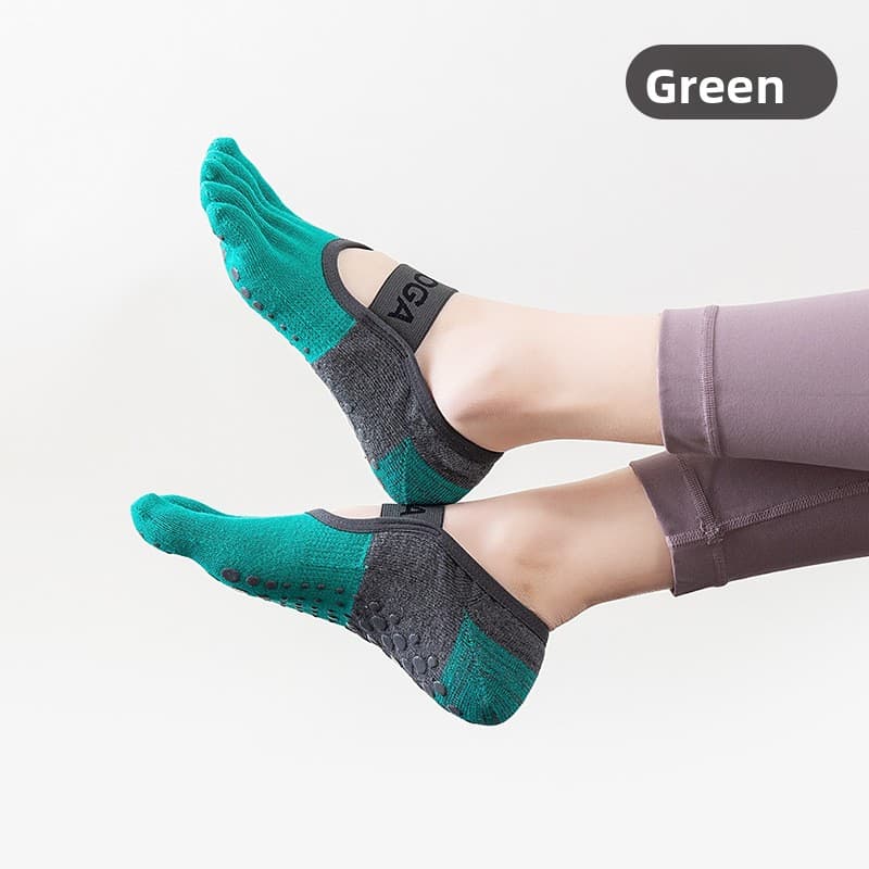 3-PCS Green Anti-Slip Yoga Socks 5 Toe Low Cut Grips Cotton - Green 5