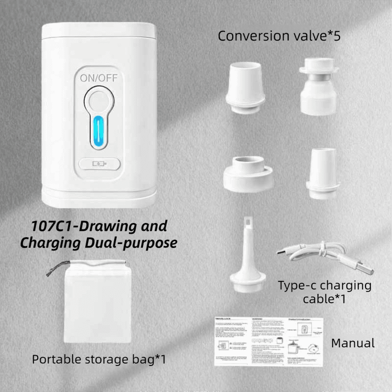 White Wireless Rechargeable Vacuum Pump with 5 Versatile Nozzles - 2-in-1
