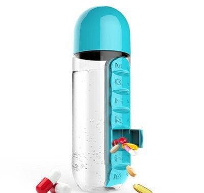 2-Piece 2-in-1 Water Bottle with 7-Day Pill Organizer - 600 ml - Blue