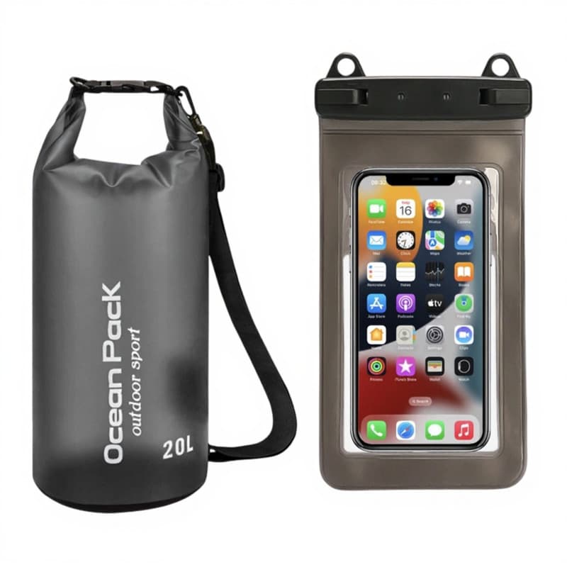 Black 20L PVC Waterproof Swimming Bag Bonus with Waterproof Phone Pouch