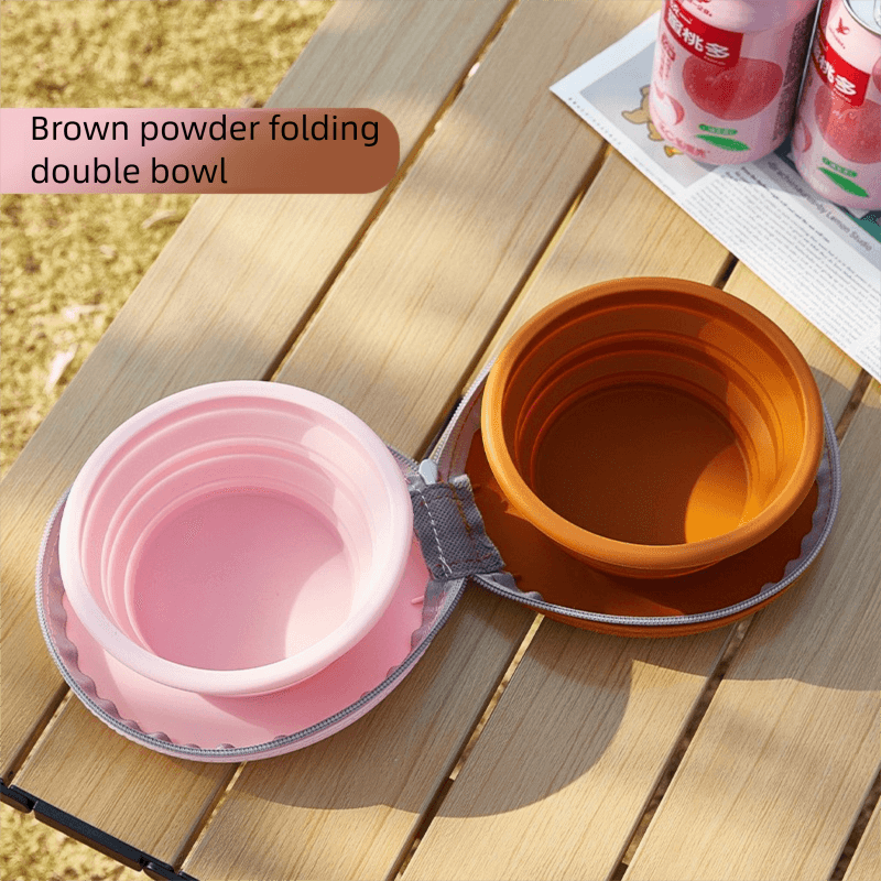 Brown and pink Portable Foldable Dual Bowl for Pets - Silicone Feeding