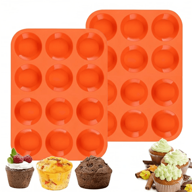 2-Piece Orange Food Grade Silicone Cake Mould 12 Cup Round - Orange Cupcake