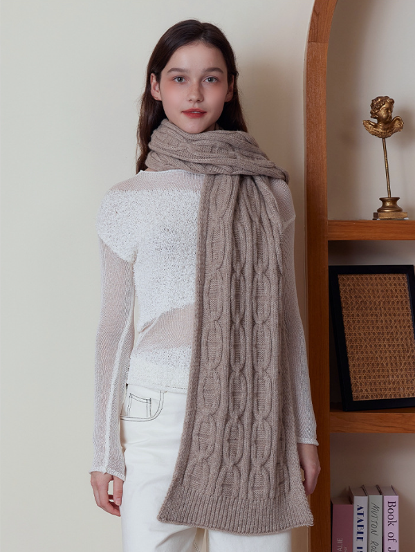 Khaki Classic Textured Knit Scarf - Solid Color, Soft Feel - 176 × 26.5 cm