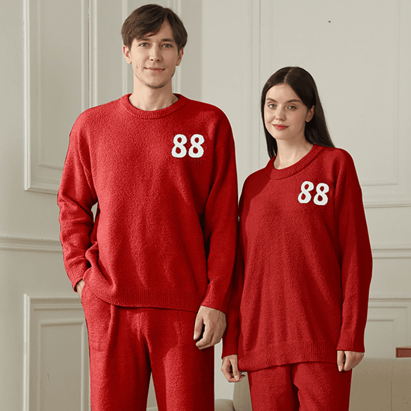 2-Piece Red Warm and Flannel Couple Pajamas - Knitted Number Pattern, Soft