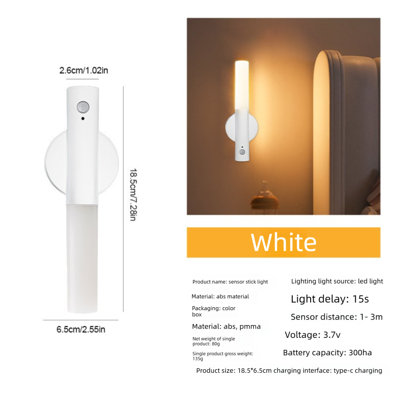 White Motion Sensor Night Light LED Rechargeable Magnetic Stick Wall Lamp