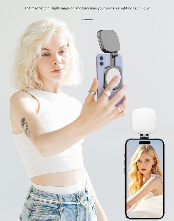 White Magnetic Foldable Selfie Light with Mirror - Rechargeable LED Fill