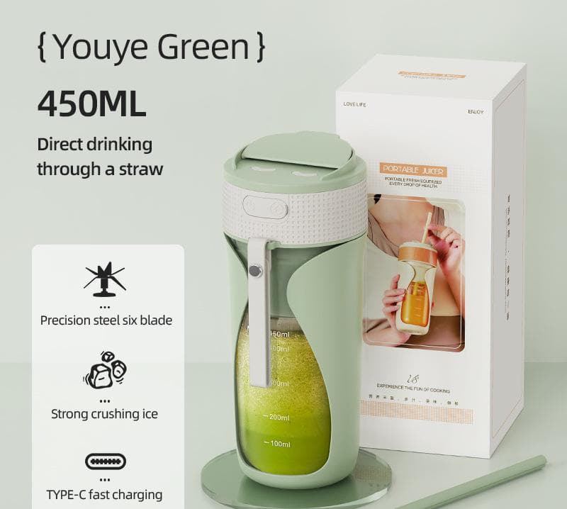 Portable Wireless Juicing Cup - 450 ml, 6-Blade Ice Crusher, USB-C - Green