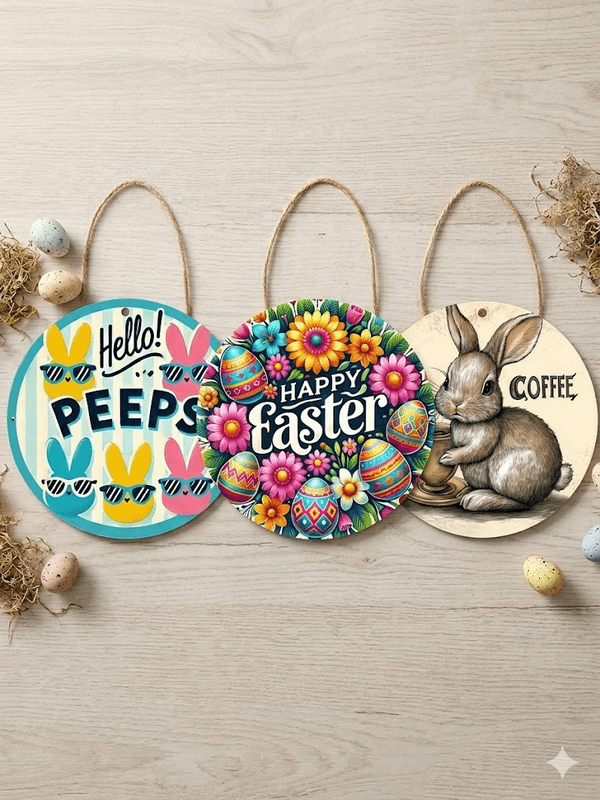 3-Piece Easter Wooden Hanging Signs Round Wall Decor Bunny and Egg Designs