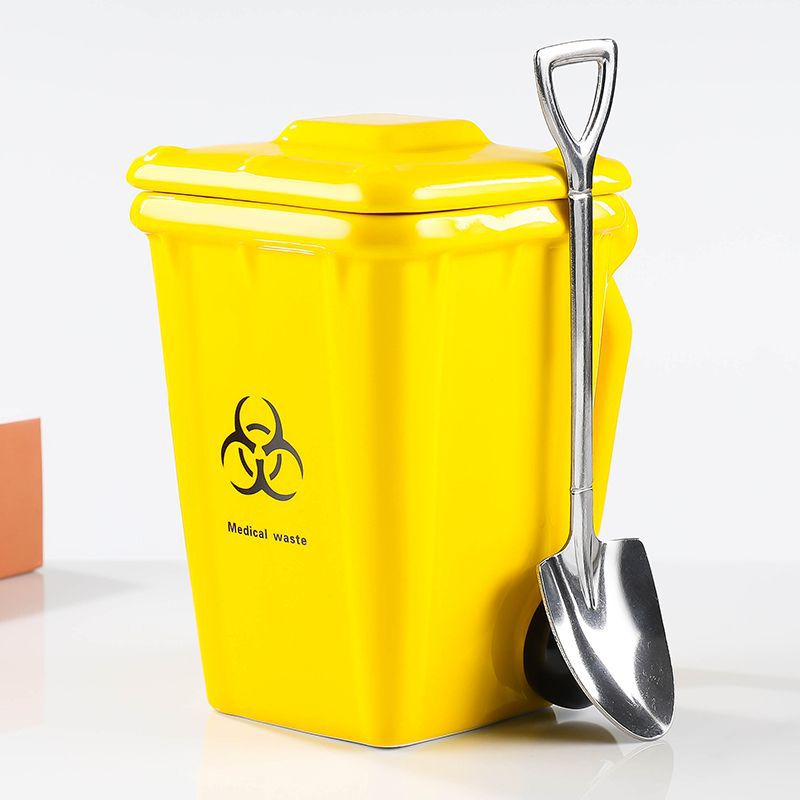 Yellow Creative Trash Can Ceramic Mug with Shovel Spoon - 400 ml Funny