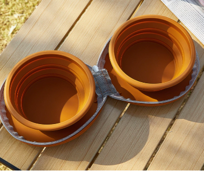 Brown Portable Collapsible Double Pet Bowls for Dogs and Cats - 2x 450 ml