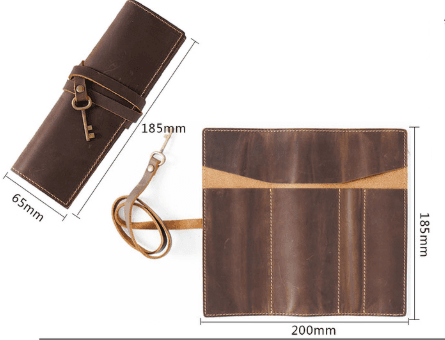 Black Genuine Crazy Horse Leather Pencil Roll Case Vintage Pen Wrap