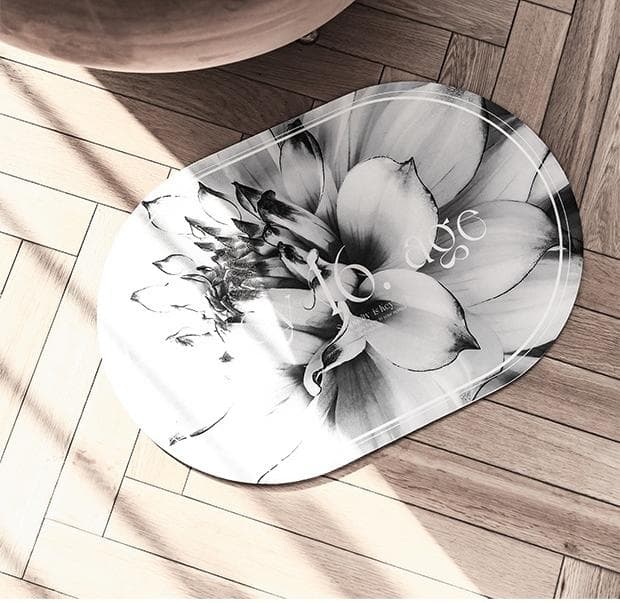 Floral Print Absorbent Floor Mat - Quick Dry, Non-Slip - Black and White