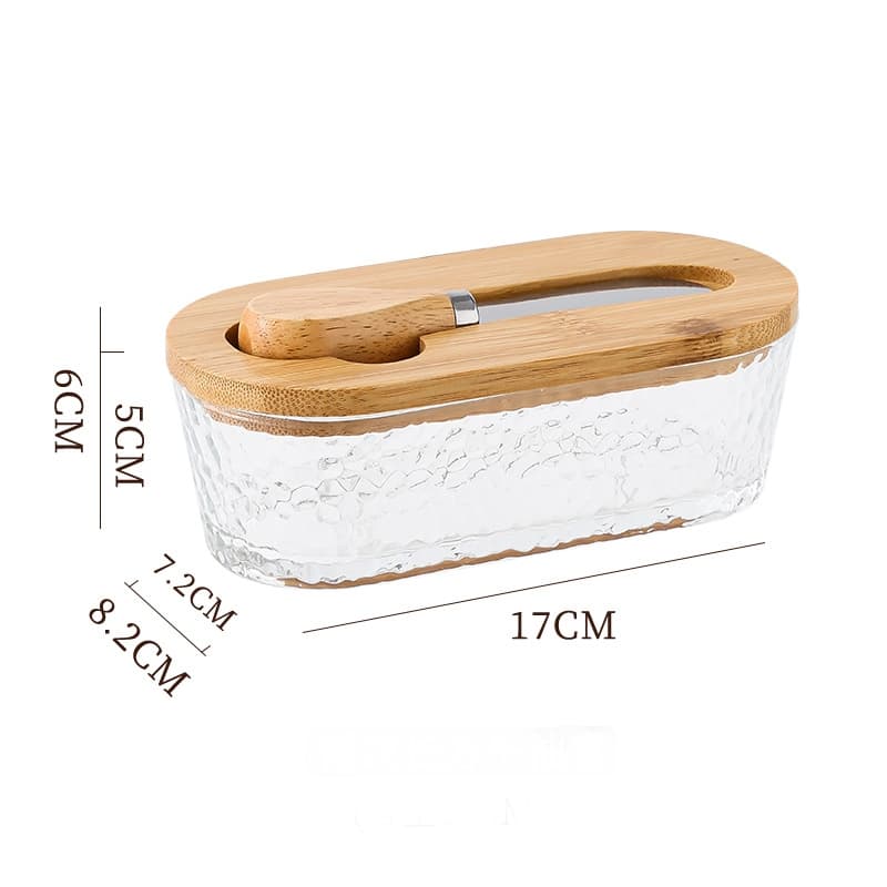 Natural wood color - hammer grain Glass Butter Dish with Wooden Lid