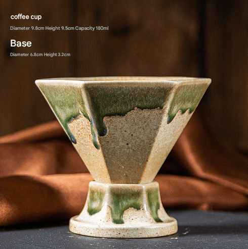Beige and Green Artistic Hexagonal Ceramic Coffee Cup & Stand - Beige Green