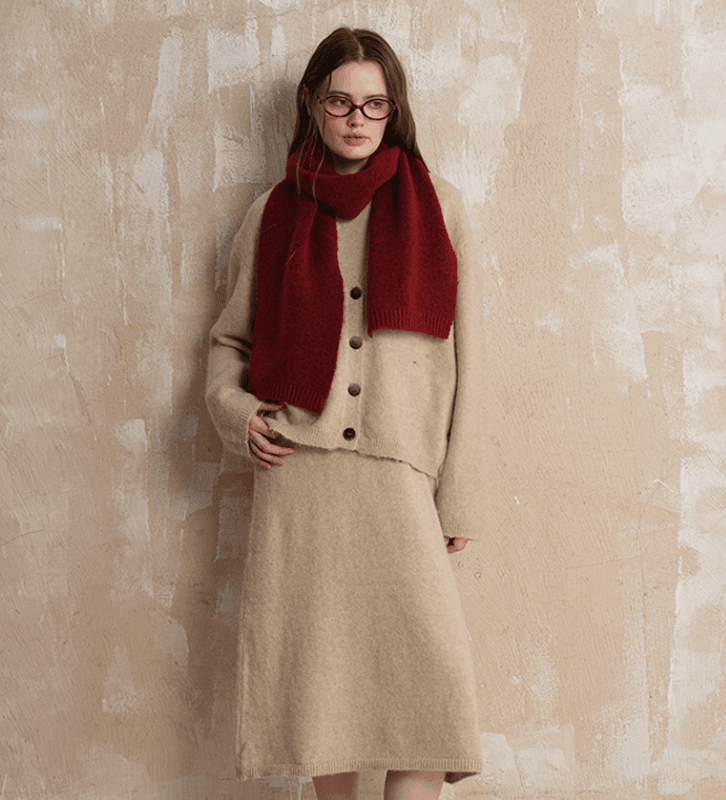 Red Soft Wool Blend Knitted Scarf Women Men Winter Pure Color - 157 × 22 cm