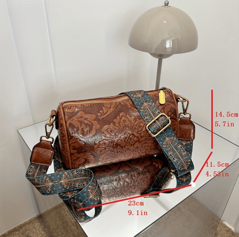 Brown Vintage Embossed Crossbody Barrel Bag with Wide Adjustable Guitar