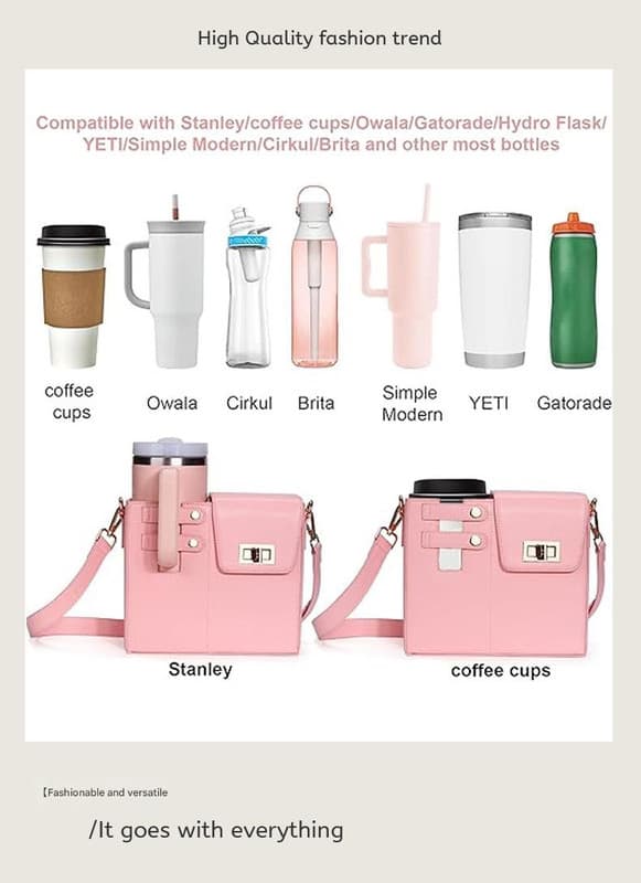 PU Leather Crossbody Bag with Tumbler Holder - Multi-Compartment - Pink