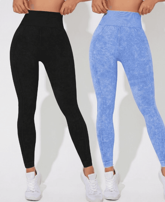 Seamless High Waisted Yoga Leggings 2-Piece Solid Black and Sand - Size S