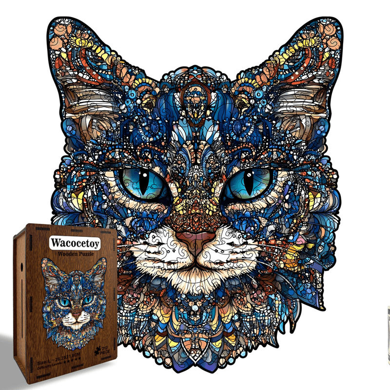 L Style Blue-Eyed Cat Wooden Jigsaw Puzzle -Irregular Animal Shaped Puzzle