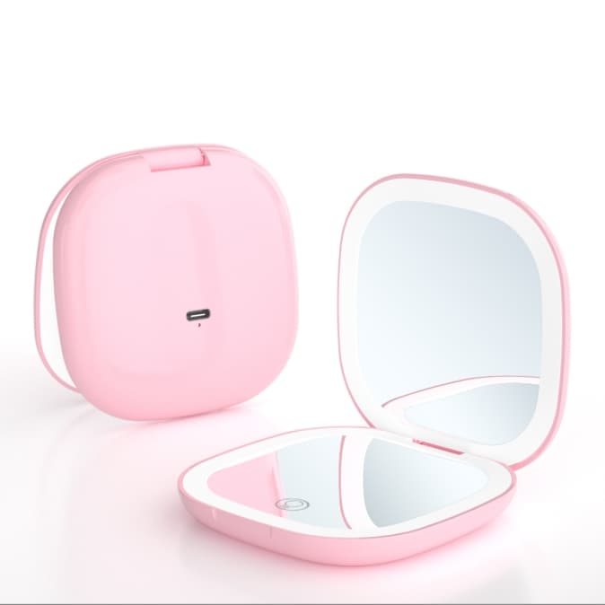 2-piece Pink Portable LED Makeup Mirror - Rechargeable Compact with 3-Color