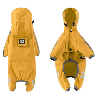 S Bright Yellow And Gray Trim Waterproof Four-Legged Dog Raincoat with Leash
