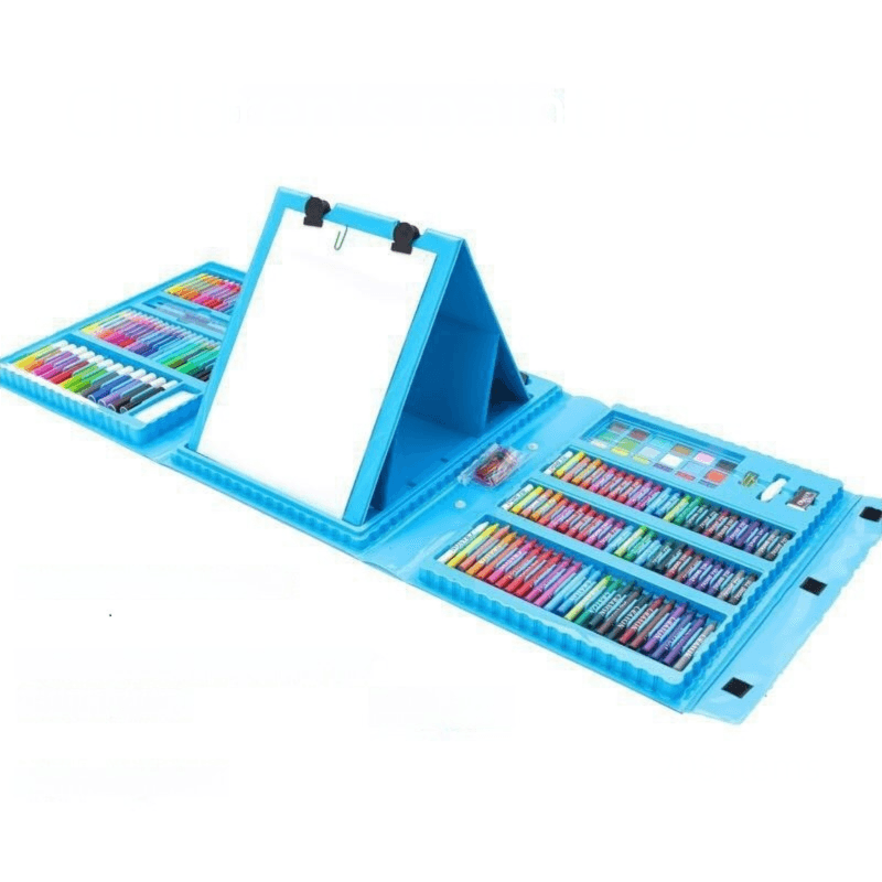 Blue 208-Piece Kids Art Set with Built-in Trifold Easel Drawing and Painting