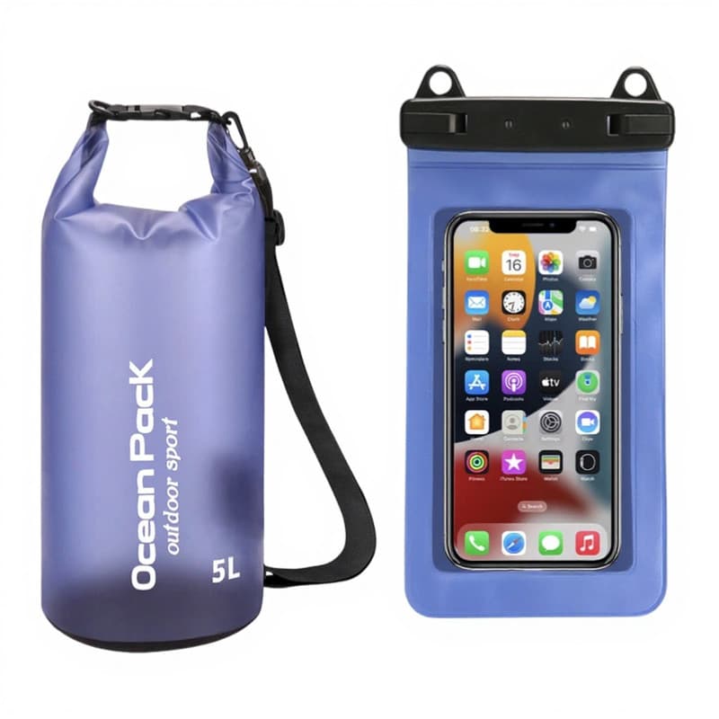 Blue Purple 5L PVC Waterproof Swimming Bag Bonus with Waterproof Phone Pouch