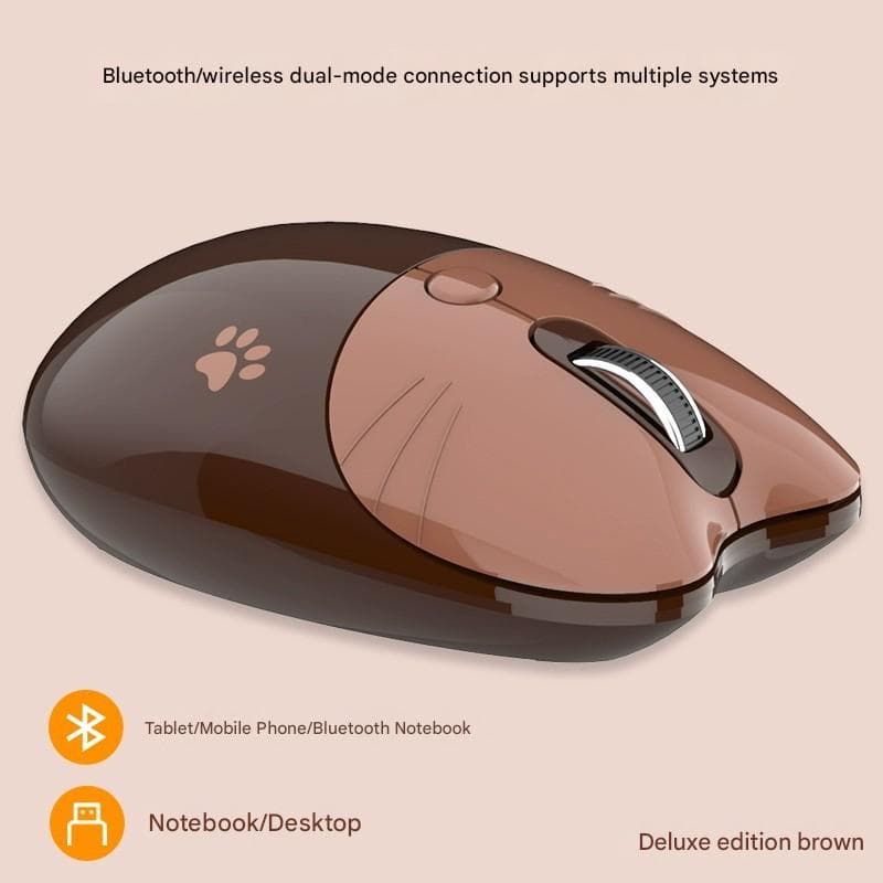Cat Shaped Wireless Office Mouse - Dual Mode 2.4G/Bluetooth, 3-Level - Brown
