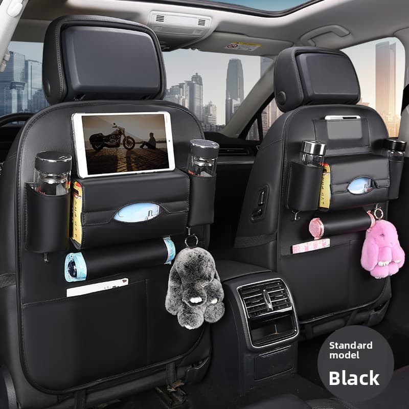2-PCS Black PU Leather Car Back Seat Organizer Kick Mat - Black Seat