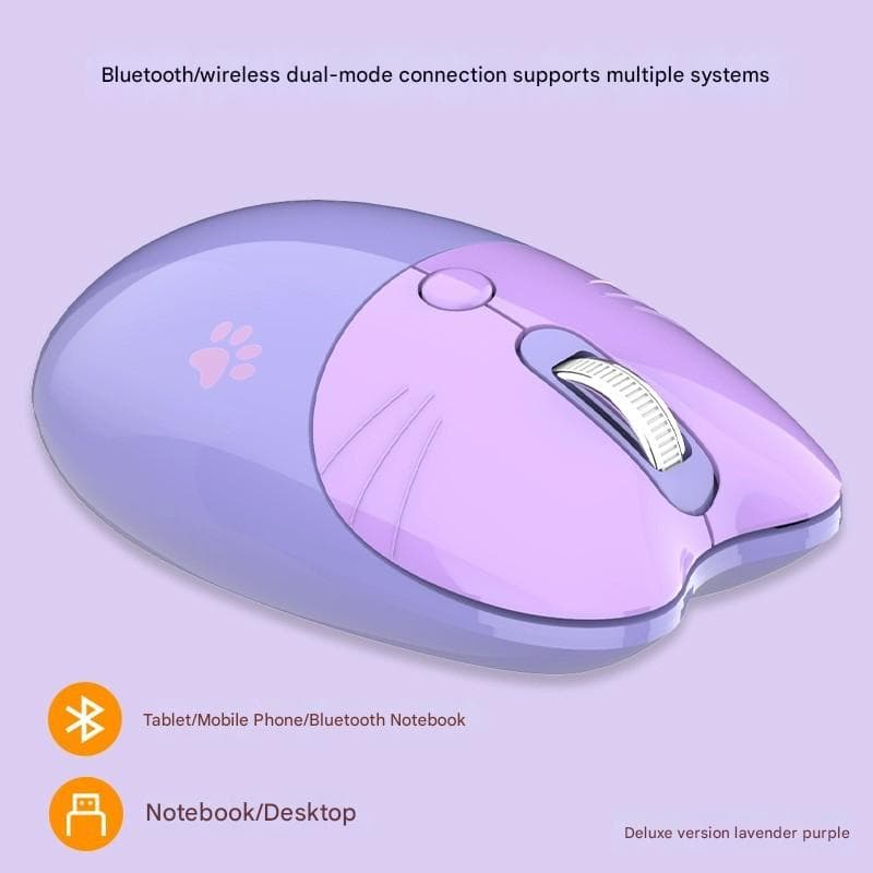 Cat Shaped Wireless Office Mouse - Dual Mode 2.4G/Bluetooth - Purple
