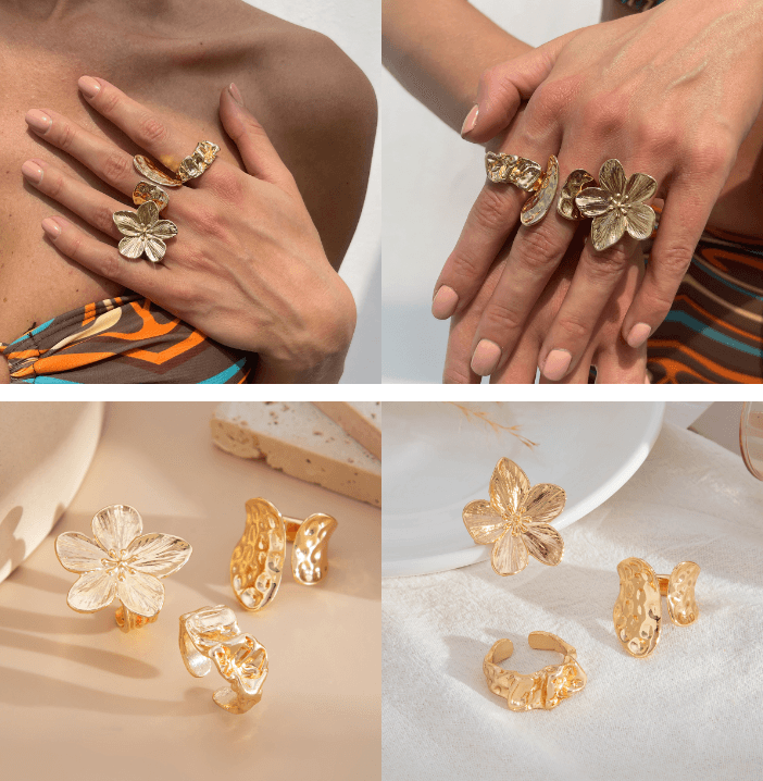 3-Piece Molten Gold Tone Ring Set - Vintage Baroque Flower & Abstract Liquid