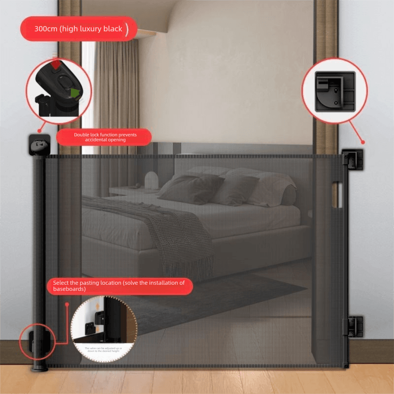 Black Retractable Baby Safety Gate and Pet Barrier Extra Wide 300 cm