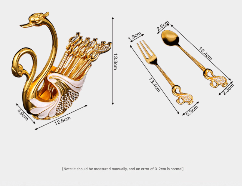 Gold Double Swan Cutlery Holder Set with 6-Piece Spoons - Gold Spoons